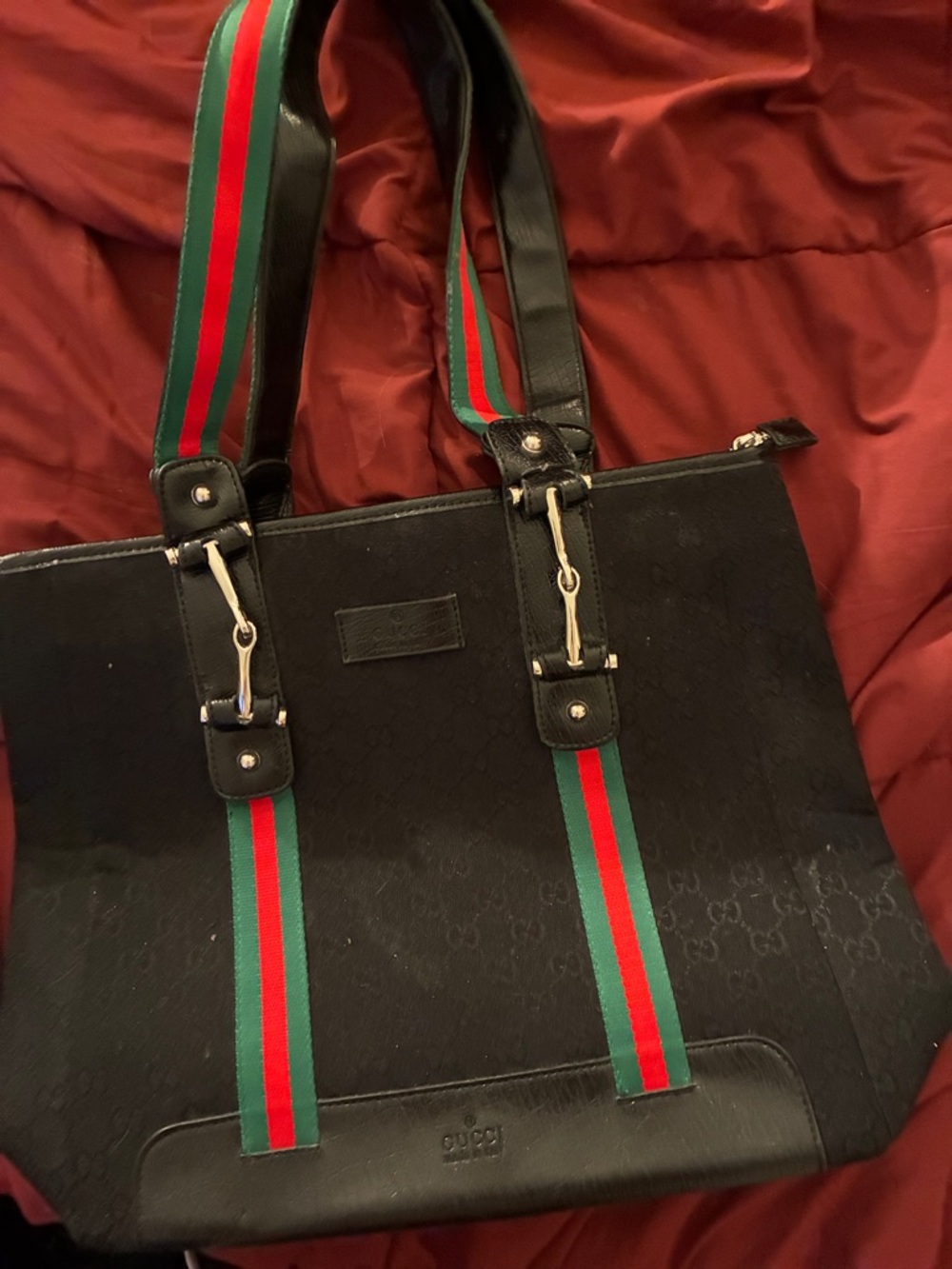 Fashion Brand Company Black Tote with Green and Red Stripe Webbing